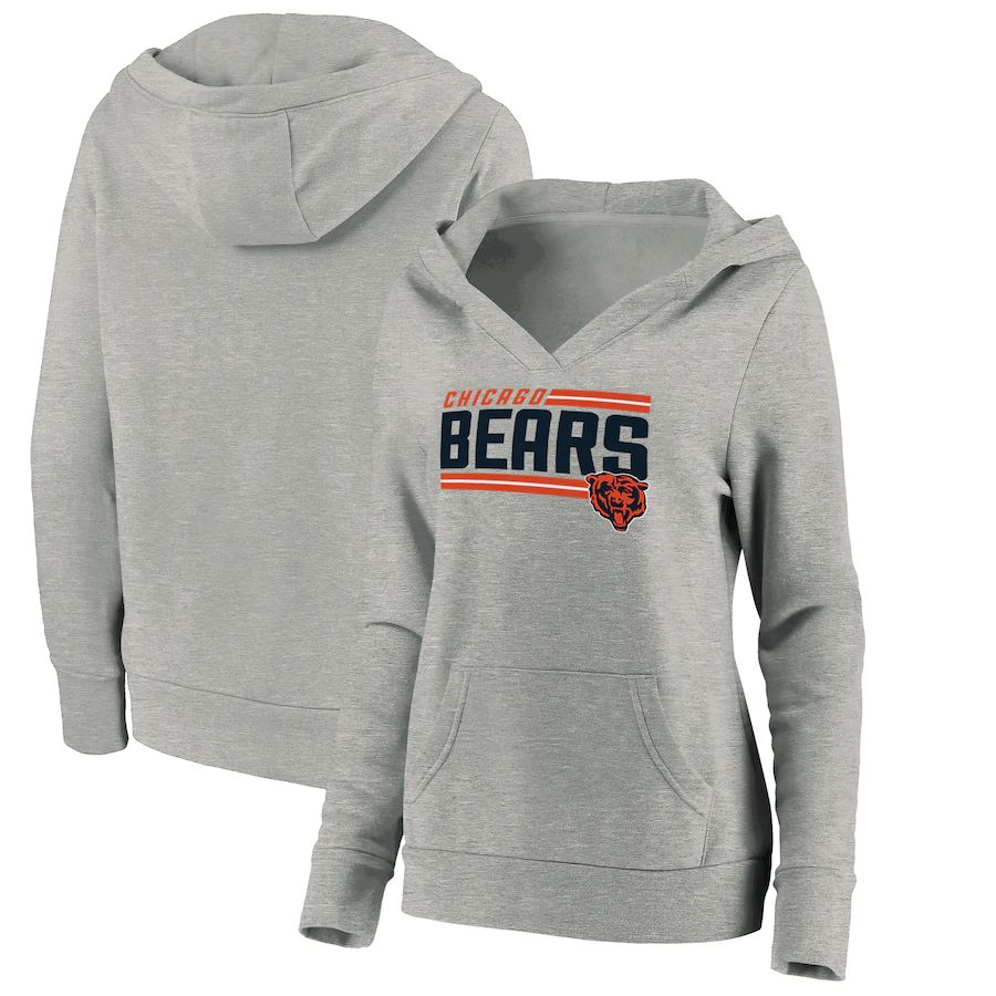 Women Chicago Bears Fanatics Branded Heathered Gray On Side Stripe V-Neck Pullover Hoodie->women nfl jersey->Women Jersey